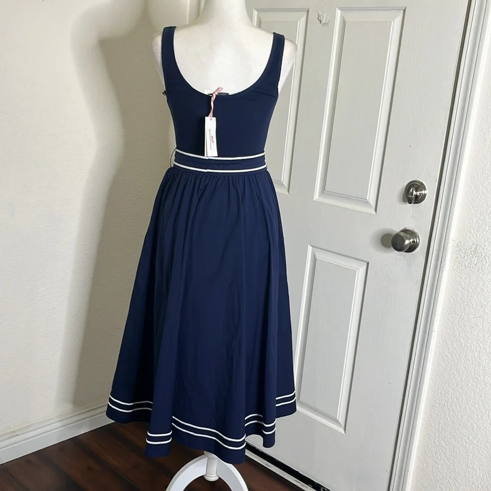 Vineyard Vines Women's Poplin Rib Mix Midi Dress size S Navy Preppy Country Club - Picture 6 of 15